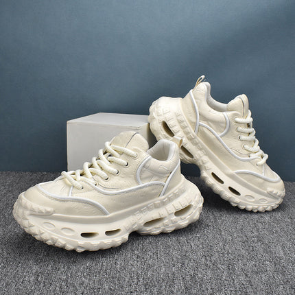 Korean Style Breathable 2025 Spring Low-Top Men's Sneakers White Leather New Versatile Thick-Soled Casual Trend