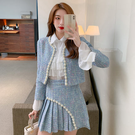 New Tweed Jacket with a Chanel-Inspired Style, Pleated High-Waisted Skirt, and Shirt Three-Piece Set with a High-End Feel for Winter