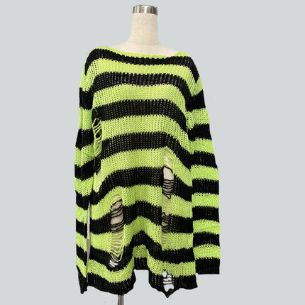 Niche dark classic mohair new thin striped ripped loose long European and American Foreign trade sweater
