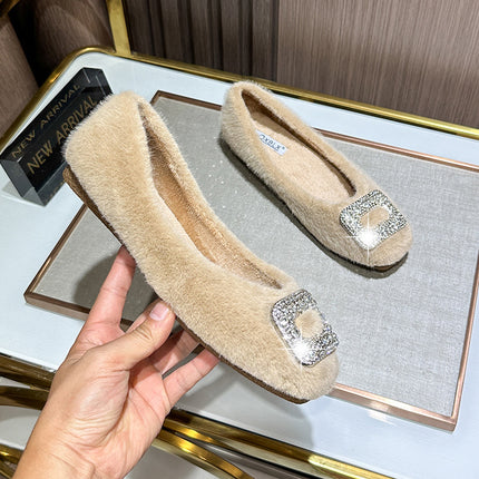 2025 New Winter Furry Shoes for Women, Korean Style Square-Toe Flats Shoes, Fleece-Lined Rhinestone Bean Shoes, Women's Cotton Scoop Shoes