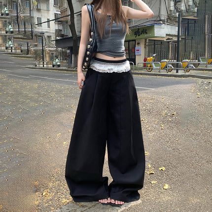 Black Design Lace Splicing Casual Pants for Women 2025 Summer New High-Waisted Loose Wide-Leg Suit Pants