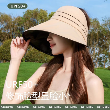 Hat Women's 2025 Summer Popular Large Brim Vinyl Half-Hollow Top Sun Hat Can Tie Ponytail Outdoor Sun Protection Sun Hat
