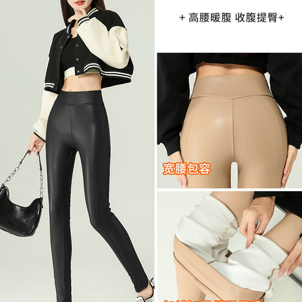 Leather Pants Women's Tight 2024 New High Waist Thin Cropped Pants fleece-lined Leather Matte Leggings Outer Wear Long Pants