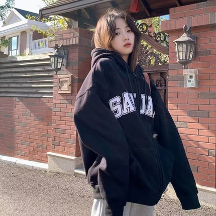 Factory Straight Hair Retro National Fashion fleece-lined Cardigan Hooded Sweater Women's 2023 Autumn and Winter New Loose Lazy Wind Couple