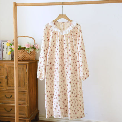 Women's Cotton Crepe Long Sleeve Lace Crewneck Nightdress Spring and Autumn Princess Style Seersucker Pajamas Outer Wear Home Dress