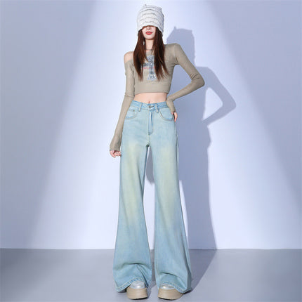 American Sweet-Cool Style Non-Tight Glacier Blue Flared Jeans for Women 2026 Spring Commuter Wide-Leg Pants & Extended Length