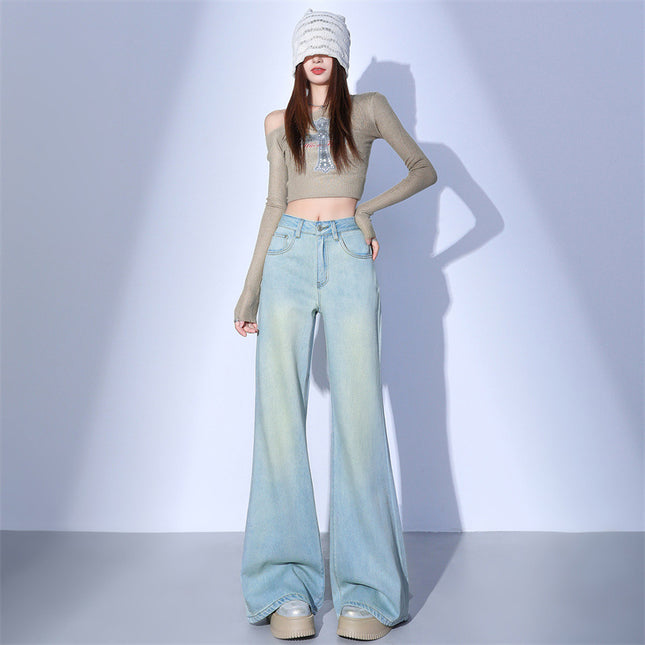 American Sweet-Cool Style Non-Tight Glacier Blue Flared Jeans for Women 2026 Spring Commuter Wide-Leg Pants & Extended Length