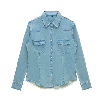 Vintage Green Denim Shirt for Women, Spring 2026, Stretchy Base Layer Top, Casual Versatile Layering Jacket