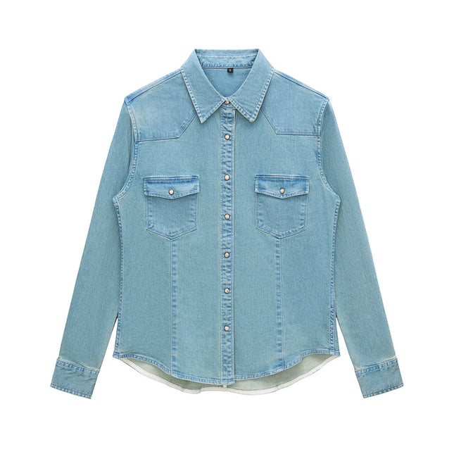 Vintage Green Denim Shirt for Women, Spring 2026, Stretchy Base Layer Top, Casual Versatile Layering Jacket