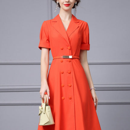 Zhili Commuter Style Lapel Dress 2026 Summer New Orange High-End Exquisite Figure-Flattering Double-Breasted Flared Dress
