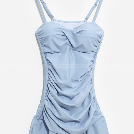 Korean New Skirt Swimsuit, Feminine Backless, Belly-Covering, Slimming Look, Conservative Pure Color, Simple One-Piece Hot Spring Swimsuit for Women