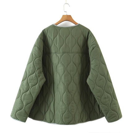 Foreign Trade Women's Clothing 2025 Autumn and Winter European and American Fashion Loose Diamond-Shaped Checkered Large-Panel Round-Neck Cotton Jacket for Women X39082