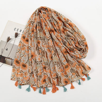 Fresh and Elegant Red Petal Mixed Printed Tassel Gauze Women's Cotton and Linen Scarf Travel Decorative Shawl