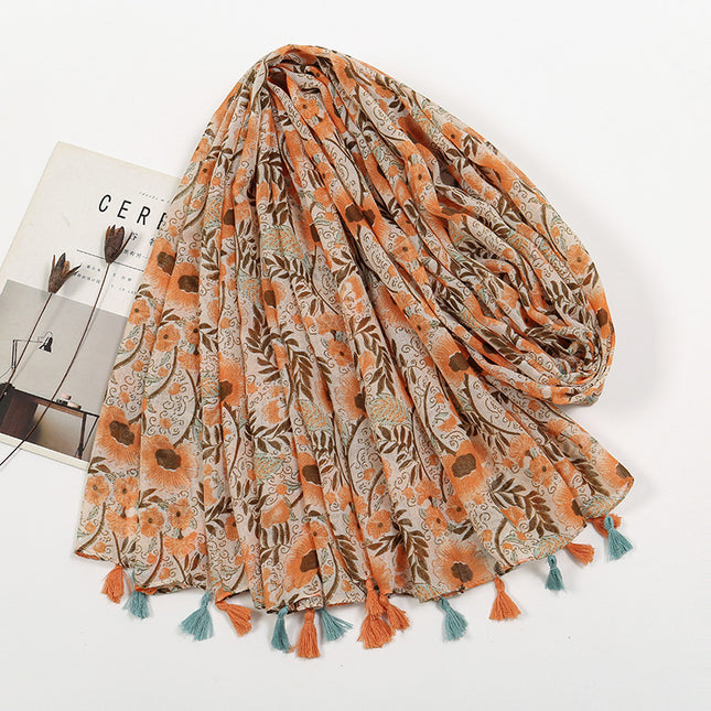 Fresh and Elegant Red Petal Mixed Printed Tassel Gauze Women's Cotton and Linen Scarf Travel Decorative Shawl