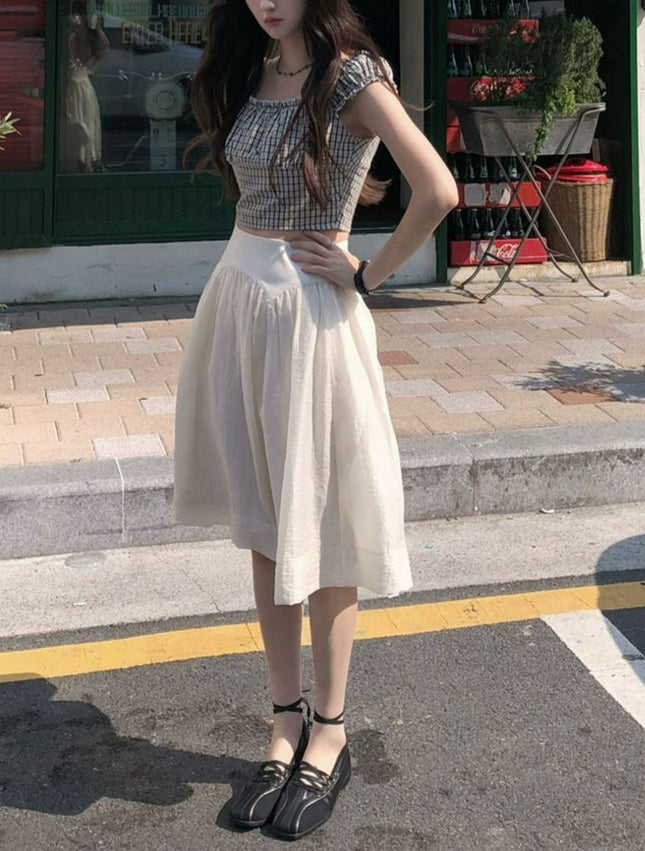 Neurz Summer Beige Glossy Clear High-Waisted French Umbrella Skirt Mid-Skirt Women's Summer Thin Half Skirt