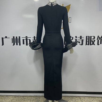 European and American New Bandage Women's Crewneck Long Sleeve Nail Drill Cuff Saded Bubble Sleeve Waist Bandage dress