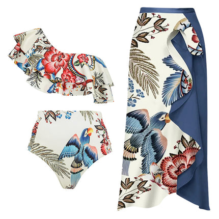 2024 European and American New Bikini Shoulder Ruffled Peco Peco Peco Print Split Swimsuit and Wrap Skirt suit