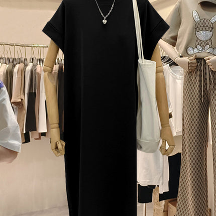 plus size Short-sleeved Cotton Mid-length Dress Women's 2025 Summer New All-match Loose Long Dress Flying Sleeve Split dress