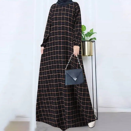 In-Stock Women's Cotton-Linen Vintage Long-Sleeve Plaid Round-Neck Floor-Length Dress Casual Loose Spring and Autumn Robe