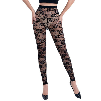 European and American style sexy see-through rose lace leggings high elastic fashion tights outer penetrating women's pants