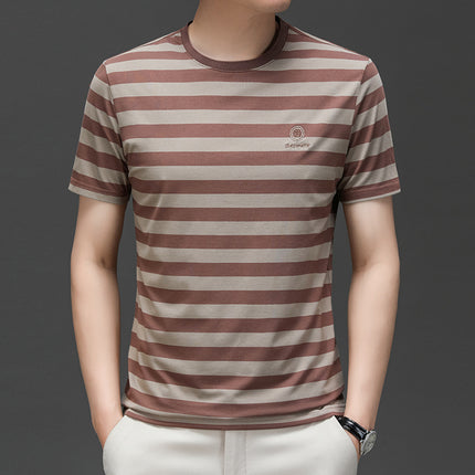 Mingdi Mouse Men's Summer New Short-sleeved Young and Middle-aged Crewneck T-shirt Business All-match Striped Men's T-shirt Top