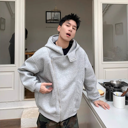 American Double Zipper Cardigan Sweater Men's Spring Irregular Design Hooded Jacket Trendy Brand Street Sports Hoodie