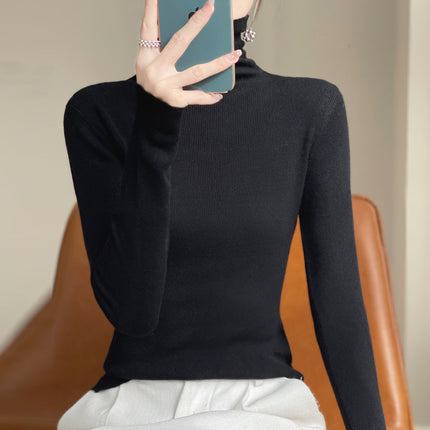 High collar autumn and winter Korean women's pile collar long sleeve knitted wool sweater women's inner pullover slim base shirt