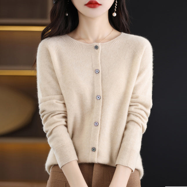 2024 Round-Neck Autumn and Winter Women's Cardigan Sweater Coat 100% Wool Loose Outerwear Versatile Knit Wool