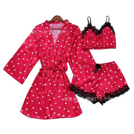 Cross-Border New Style Camisole, Shorts, and Robe Three-Piece Set, Sexy Lace Women's Loungewear Pajamas, Wholesale in Stock