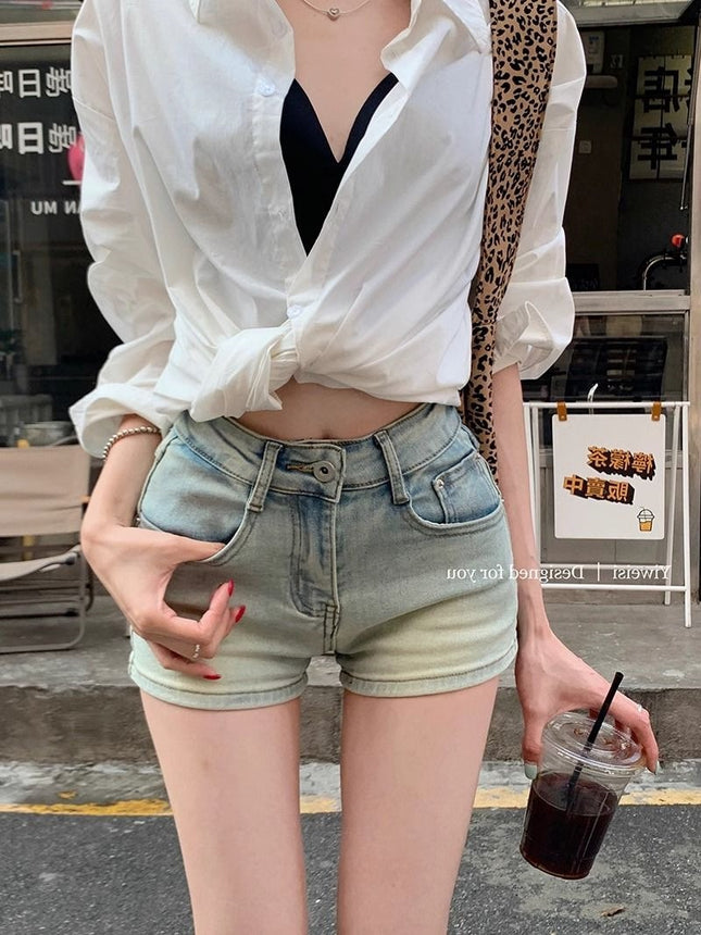 Hot Girl Denim Shorts Women's Summer American Retro Small High-Waisted Elastic Slim Slimming Look Hip Hot Pants Ins