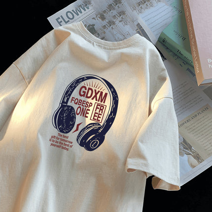Ins Trendy Brand Headphone Printed Heavy Cotton Short-Sleeved T-Shirt Men's American Retro Summer Loose Round Neck Short-Sleeved T-Shirt
