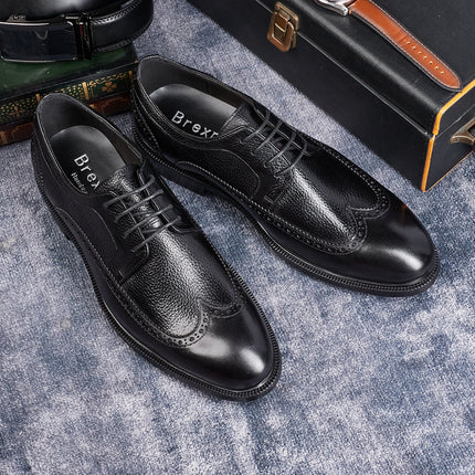 Men's Formal Business Leather Shoes, Genuine Leather Derby Shoes, Brogue Carved Shoes for Office, Wedding, and Banquet Occasions, Cross-Border