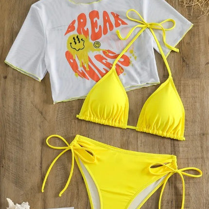 2025 Foreign Trade Sexy Bikini Three-piece Set European and American BIKINI Printed Short-sleeved Sunscreen Foreign Trade Swimwear