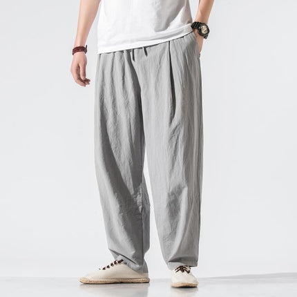 Pendant Wide-leg Pants Men's Loose Straight Linen Pants Chinese Style Spring and Summer Linen Bloomers for Fatty Men Cotton and Linen Casual Pants