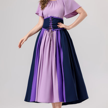 European and American New Arrivals: Medieval Retro Color-Blocking Dress with Flutter Sleeves, Tie-Waist, and Large Hem, Suitable for Masquerade Ball Performance