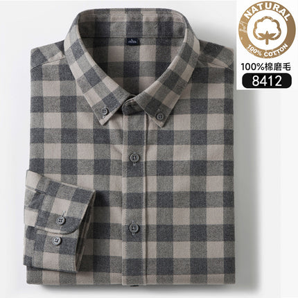 Autumn and Winter New Pure Cotton Brushed Long-Sleeved Shirts for Young and Middle-Aged Plaid Casual Business Men's Shirts Popular on Douyin