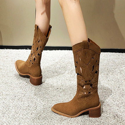 Retro Western Cowboy Boots Thick Heel Embroidered Cave Knight Boots Retro Large and Small Size Breathable Women's Boots Pointed Toe Boots