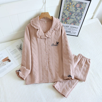 Autumn and Winter New Quilted Pajamas Medium Thick Heart Air Layer Women's Home Clothes Solid Color Casual Long Sleeve Trousers