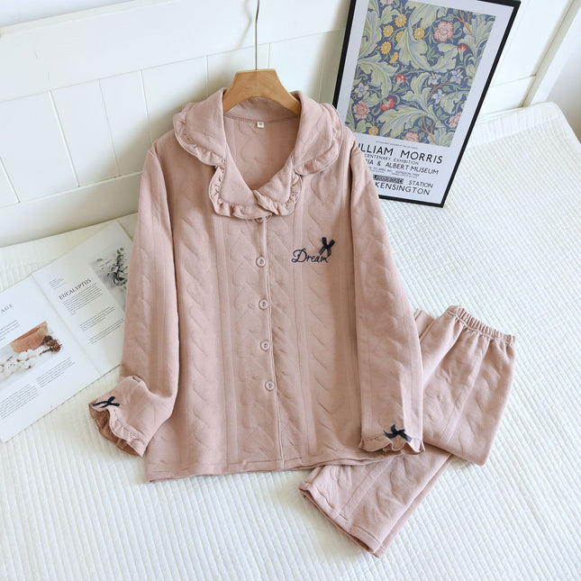 Autumn and Winter New Quilted Pajamas Medium Thick Heart Air Layer Women's Home Clothes Solid Color Casual Long Sleeve Trousers
