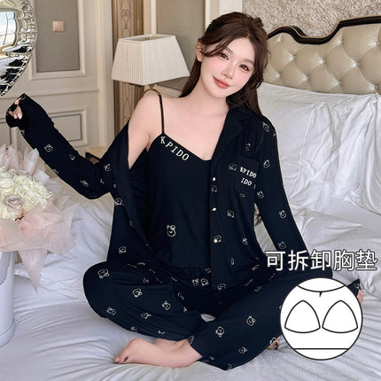 Vernis Spring and Autumn Pajamas Three-Piece Set Modal Bear Printed Drape Comfortable Home Clothes with Chest Pad for Women