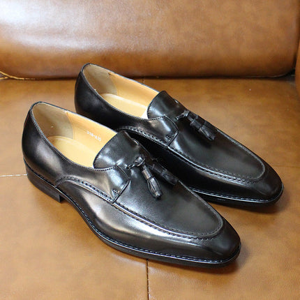 Brand Same Style Small Square Head Tassel Loafers Men's Genuine Leather Shoes Business Dress Men's Shoes Wedding Banquet Shoes