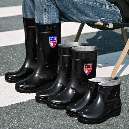 Black High-Tube Men's Rain Boots for Foreign Trade, Waterproof and Non-Slip Kitchen Shoes, Warm Mid-Tube Men's Water Boots, Rain Boots
