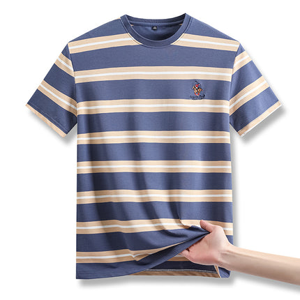 Mingdi Mouse Men's Summer New Casual Short-sleeved Crewneck Pullover T-shirt Business Striped Plus Size Men's T-shirt