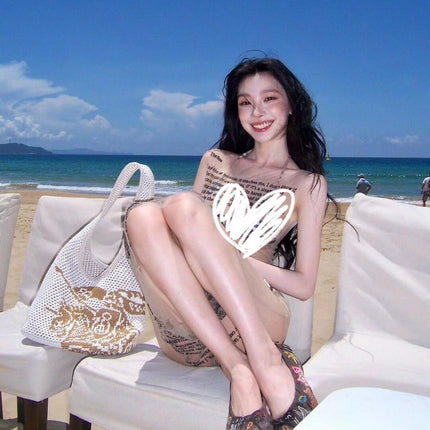 Source Manufacturer Sexy Yi Mengling Same Style Hot Girl Bikini Split Swimsuit Women's Mesh See-Through Printed Long Style