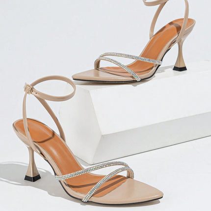 Cross-Border Foreign Trade Women's High-Heeled Sandals with Rhinestone Straps, Contrasting Color Insoles, Wine Glass Heels, Elegant Thin Strap High Heels, Elegant Style