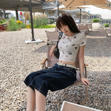 Raccoon House # American Lightning Crack Straight Jeans for Women Summer New Low-Waist Loose Hot Girl Versatile Cropped Pants