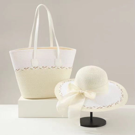 New Color-matching Straw Woven Bag Straw Hat suit Large Capacity Shoulder Bag Woven Bag High-end Seaside Beach Tote Bag