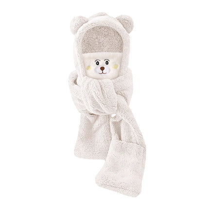 Autumn and Winter Ready-Made Bear Hat Scarf Integrated Gloves Plush Double-Layer Thickeneded Multi-Functional Ear Protection Outdoor Warm Hat
