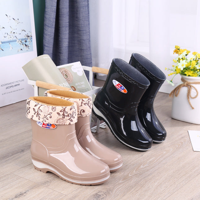 Rain Boots women's non-slip short water shoes fashion warm water boots adult low rubber shoes fleece-lined rain boots one-piece delivery