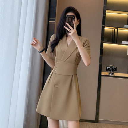 【Precise Fit】Women's High-End Short-Sleeve Suit Dress, Summer Waist-Slimming Coffee-Colored Dress